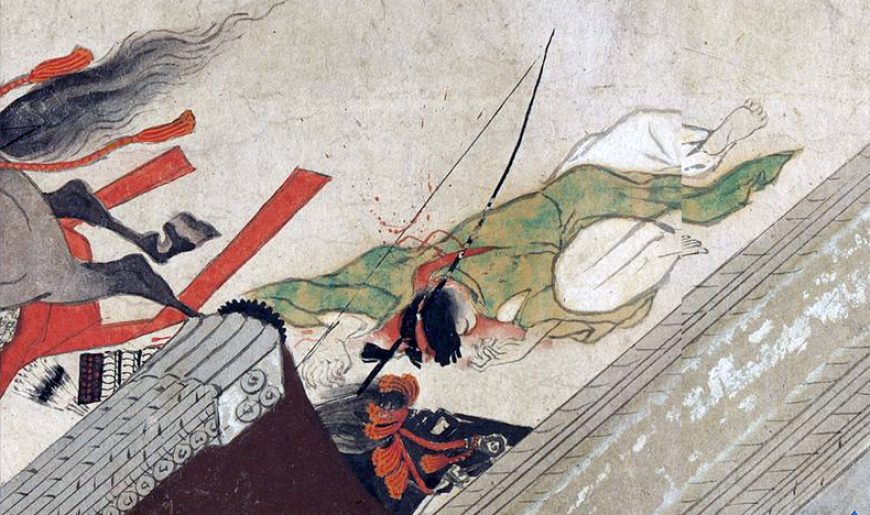 Night Attack on the Sanjô Palace (detail, dead archer), Illustrated Scrolls of the Events of the Heiji Era (Heiji monogatari emaki) Japanese, Kamakura period, second half of the 13th century, 45.9 x 774.5 x 7.6 cm (Museum of Fine Arts, Boston)