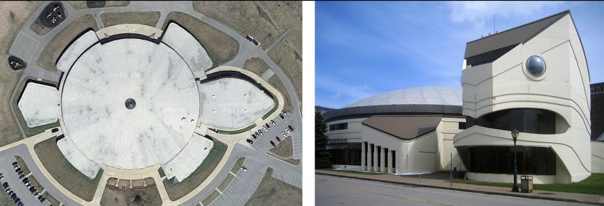 Left: Aerial view, Richard Thern, Oneida Nation Elementary School, 1995, Oneida, Wisconsin (photo: © Google). Right: Hodne-Stageberg with Dennis Sun Rhodes, Iroquois Confederacy Cultural Center (closed), 1981, Niagara Falls, New York (photo: TC Fenstermaker, CC BY-NC-ND 2.0).