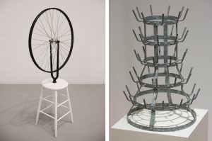 Marcel Duchamp, left: Bicycle Wheel, original 1913, reproduction 1964, wheel and painted wood, 64.8 x 59.7 cm (Philadelphia Museum of Art) (photo: Stefan Powell, CC BY 2.0); right: Bottle Rack, original 1914, reproduction 1963/1976, galvanized iron, 57 x 36.5 x 36.5 cm (Moderna Museet, Stockholm) (photo: Hans Olofsson, CC BY-NC-ND 2.0)