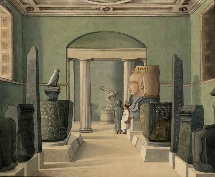 View through the Egyptian Room in the Townley Gallery at the British Museum, 1820, watercolor, 36.1 x 44.3 cm (The British Museum)
