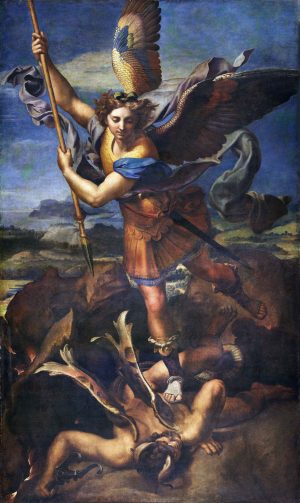 Raphael, Saint Michael Vanquishing Satan, 1518,  oil transferred from wood to canvas, 268 x 160 cm (Musée du Louvre)