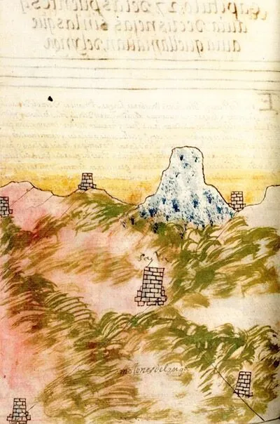 Ushnus in the landscape, Codex Murua 79v. Courtesy Sean Galvin.© Trustees of the British MuseumThe Codex Murua was produced after the Spanish conquest of the Inca Empire but its scenes of life, landscape and ritual were very likely to have been drawn by an Inca working to give the colonists an understanding of how his people lived.