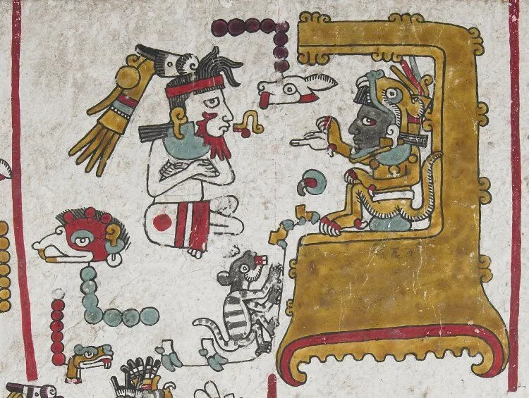 Folio fifty (detail with enthroned Mixtec ruler, Eight Deer Jaguar-Claw), Codex Zouche-Nuttall, Mixtec, Late Postclassic period, 1200-1521, C.E., deer skin, 47 leaves, each 19 x 23.5 cm © Trustees of the British Museum