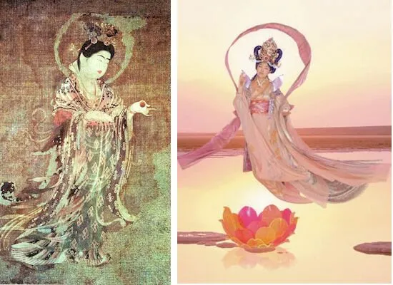 Left: Kichijoten from Yukushi-ji Temple in Nara, 8th century, color on hemp, 53 x 31.7 cm; right: Mariko Mori, Pure Land, 1996-98, glass with photo interlayer, 305 x 610 x 2.2 cm