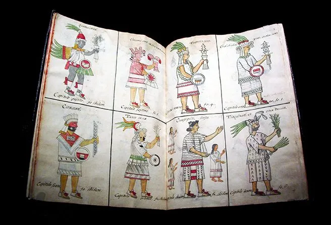 Aztec deities, Bernardino de Sahagún and collaborators, General History of the Things of New Spain, also called the Florentine Codex, vol. 1, 1575-1577, watercolor, paper, contemporary vellum Spanish binding, open (approx.): 32 x 43 cm, closed (approx.): 32 x 22 x 5 cm (Medicea Laurenziana Library, Florence, Italy)