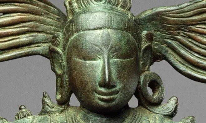 Shiva's tranquil expression with long hair streaming (detail), Shiva as Lord of the Dance (Nataraja), c. 11th century, Copper alloy, Chola period, 68.3 x 56.5 cm (The Metropolitan Museum of Art)