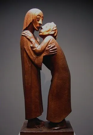 Ernst Barlach, The Reunion (Das Wiedersehen), 1926, mahogany, 90 x 38 x 25 cm (Ernst Barlach Haus, Hamburg), (photo: Rufus46, CC-BY-SA 3.0)