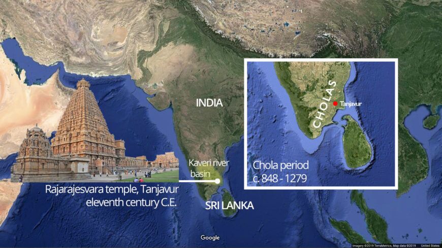 Location of Rajajesvara temple in the Chola capital of Tanjavur. Inset shows Chola territory in South India