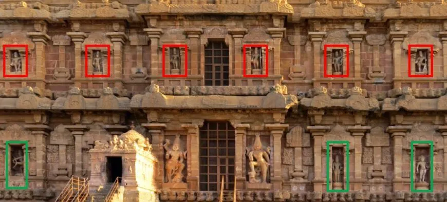 South wall of Rajarajesvara temple. Shiva as Tripurantaka marked in red; various forms of Shiva marked in green. Guardian figures flank the doorway at the center of the lower level. (photo: Arathi Menon, CC BY-SA-NC 4.0)