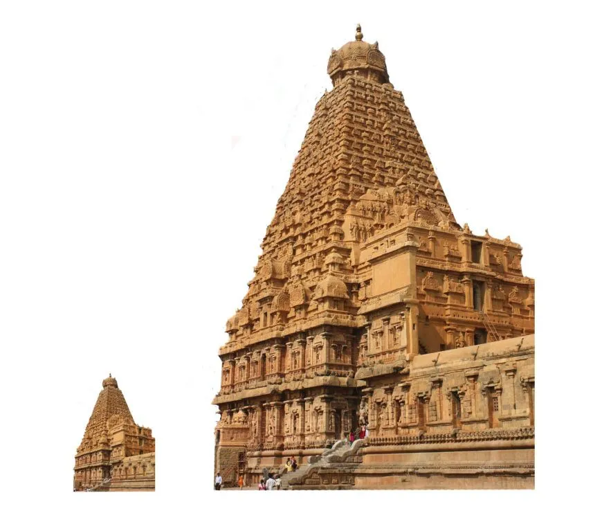 Approximate difference in size between earlier regional temples (indicated by scaled temple on left) and Rajarajesvara temple. At 216 feet, Rajarajesvara temple is roughly fives times larger than earlier temples. (photo: Arian Zwegers, CC BY-2.0)