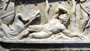 Jonah (detail), Santa Maria Antiqua Sarcophagus, c. 275 C.E., white veined marble, found under the floor of Santa Maria Antiqua, Rome