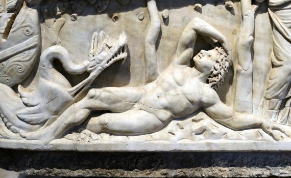 Jonah (detail), Santa Maria Antiqua Sarcophagus, c. 275 C.E., white veined marble, found under the floor of Santa Maria Antiqua, Rome