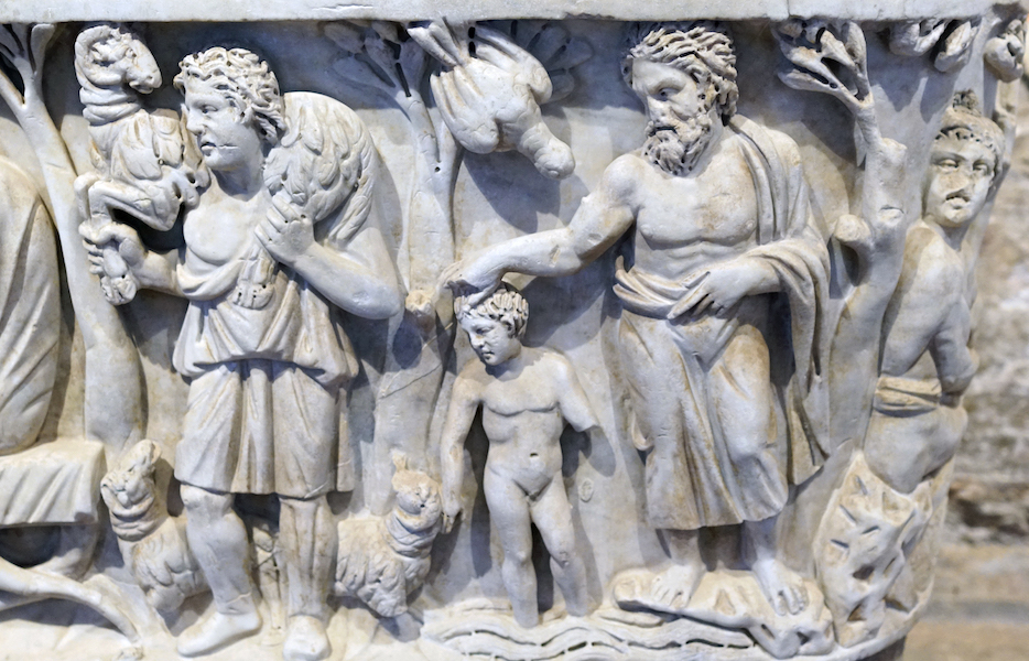 Good Shepherd and Baptism (detail), Santa Maria Antiqua Sarcophagus, c. 275 C.E., white veined marble, found under the floor of Santa Maria Antiqua, Rome