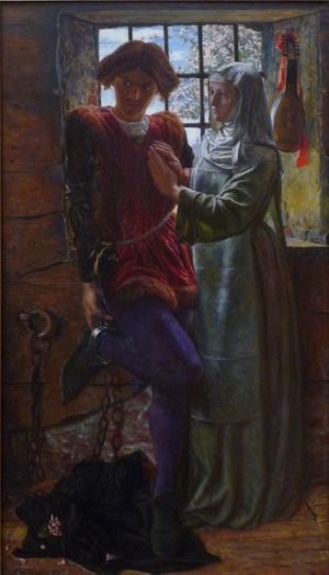 William Holman Hunt, Claudio and Isabella, oil on canvas, 1850, 30 x 16-3/4 inches (Tate Britain, London) Exhibited at the Royal Academy in 1853.