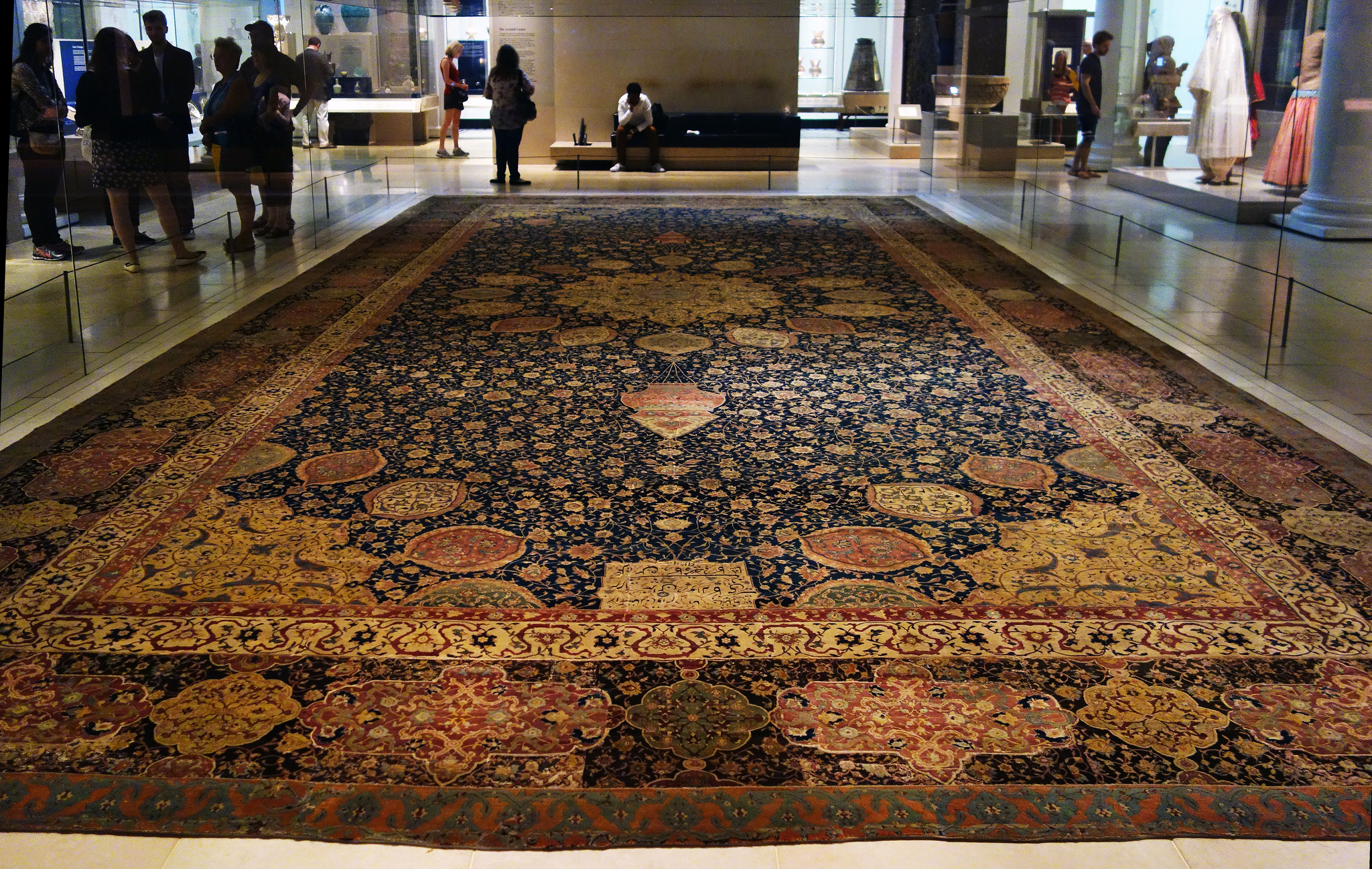 Medallion Carpet, The Ardabil Carpet, Unknown artist (Maqsud Kashani is named on the carpet’s inscription), Persian: Safavid Dynasty, silk warps and wefts with wool pile (25 million knots, 340 per sq. inch), 1539-40 C.E., Tabriz, Kashan, Isfahan or Kirman, Iran (Victoria and Albert Museum)