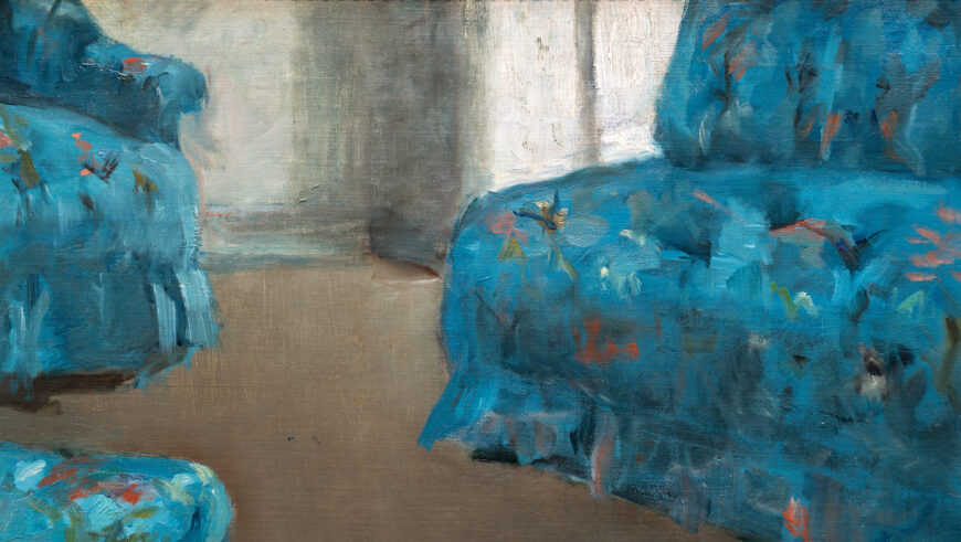 Chairs (detail), Mary Cassatt, Little Girl in a Blue Armchair, 1878, oil on canvas, 89.5 x 129.8 cm (The National Gallery of Art, Washington, D.C.; photo: Steven Zucker, CC BY-NC-SA 4.0)