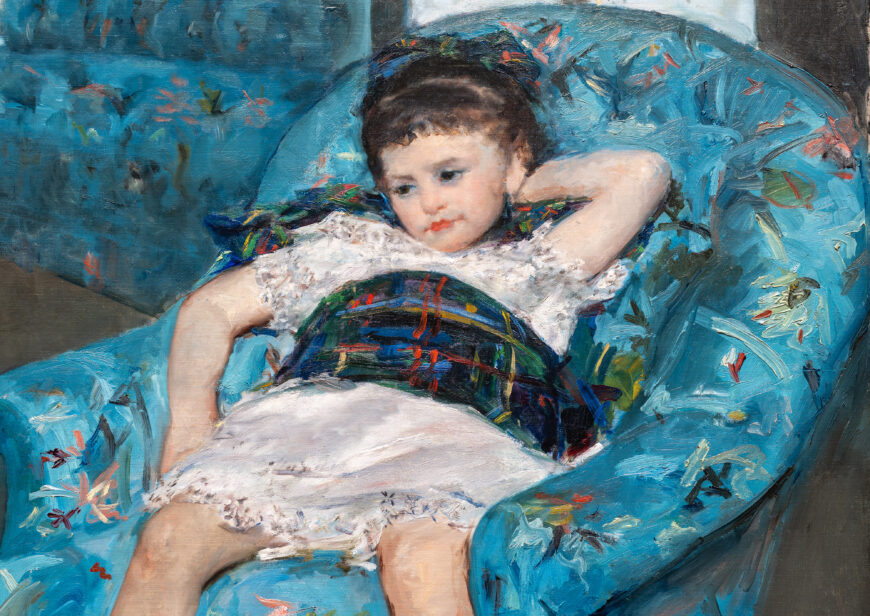 Girl sprawled on blue armchair (detail), Mary Cassatt, Little Girl in a Blue Armchair, 1878, oil on canvas, 89.5 x 129.8 cm (The National Gallery of Art, Washington, D.C.; photo: Steven Zucker, CC BY-NC-SA 4.0)