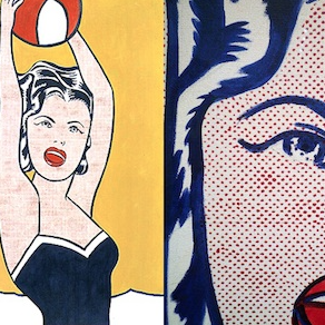 (L) Roy Lichtenstein, Girl with a Ball, 1961, oil on canvas, 60 1/4 x 36 1/4" (153 x 91.9 cm) (Museum of Modern Art, New York); (R) Detail of face showing Lichtenstein's painted Benday dots)