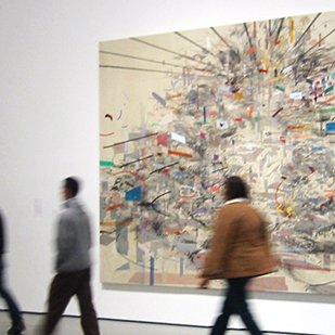 Visitors at The Museum of Modern Art in front of Julie Mehretu, Empirical Construction, Istanbul, 2003, ink and synthetic polymer paint on canvas, 10' x 15' / 304.8 x 457.2 cm (photo: thatgirl, CC BY-NC 2.0)