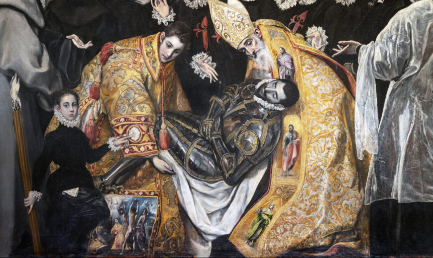 Saints Augustine and Stephen holding the Count of Orgaz (detail), El Greco, The Burial of the Count of Orgaz, 1586–88, oil on canvas, 480 x 360 cm (Santo Tomé, Toledo)
