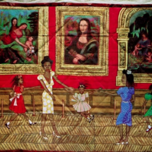 Faith Ringgold, Dancing at the Louvre, 1991, acrylic on canvas, tie-dyed, pieced fabric border, 73.5 x 80", from the series, The French Collection, part 1; #1 (private collection)