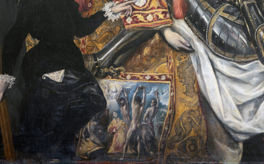 Saint Stephen’s clothing showing a scene of his martyrdom (detail), El Greco, The Burial of the Count of Orgaz, 1586–88, oil on canvas, 480 x 360 cm (Santo Tomé, Toledo)