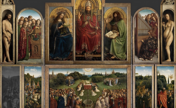 Jan van Eyck, Ghent Altarpiece (open), completed 1432, oil on wood, 11 feet 5 inches x 15 feet 1 inch (open), Saint Bavo Cathedral, Ghent, Belgium. Note: Just Judges panel on the lower left is a modern copy (photo: Closer to Van Eyck)