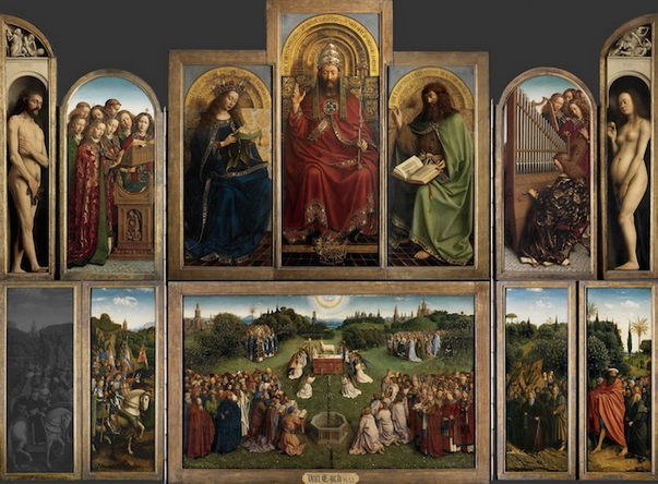 Jan van Eyck, Ghent Altarpiece (open), completed 1432, oil on wood, 11 feet 5 inches x 15 feet 1 inch (open), Saint Bavo Cathedral, Ghent, Belgium. Note: Just Judges panel on the lower left is a modern copy (photo: Closer to Van Eyck)
