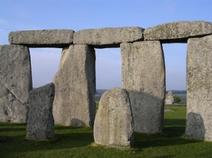 Interior of the sarsen circle and bluestones in the foreground, Stonehenge, Salisbury Plain, Wiltshire, England, c. 2550-1600 B.C.E., circle 97 feet in diameter, trilithons: 24 feet high