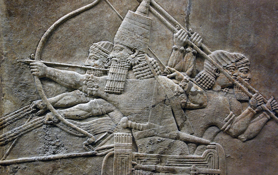 Ashurbanipal taking aim at a lion (detail), Lion Hunts of Ashurbanipal (ruled 669-630 B.C.E.), c. 645 B.C.E., gypsum,Neo-Assyrian, hall reliefs from Palace at Ninevah across the Tigris from present day Mosul, Iraq (British Museum)