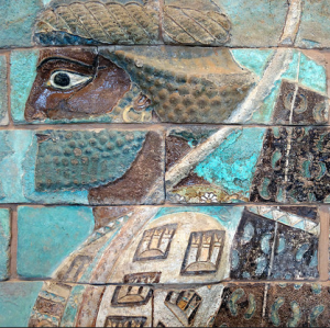 Archer (detail), Frieze of Griffins, c. 510 B.C.E., Apadana, west courtyard of the palace, Susa, Iran, glazed siliceous brick, 1.65 x 4.22 m, excavations led by Jacques de Morgan and Roland de Mecquenem, 1908-13