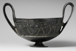Terracotta kantharos (vase), 7th century B.C.E., Etruscan, terracotta, 18.39 cm high (The Metropolitan Museum of Art)