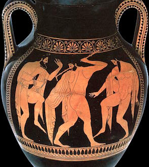 Euthymides, Three Revelers (Athenian red-figure amphora), c. 510 B.C.E., 24 inches high (Staatliche Antikensammlungen, Munich)
