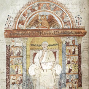 Full-page miniature of St. Luke as an evangelist, 6th century. This page prefaces the Gospel of Luke in the St. Augustine Gospels (Cambridge, Corpus Christi College MS 286).