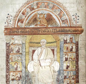 Full-page miniature of St. Luke as an evangelist, 6th century. This page prefaces the Gospel of Luke in the St. Augustine Gospels (Cambridge, Corpus Christi College MS 286).