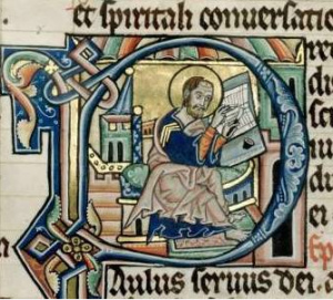Into a letter P: St Paul at the desk with ruled quire, writing, Hamburg Bible, 1255, Denmark, The Royal Library, MS GKS 4 2°, vol. III, f. 125r