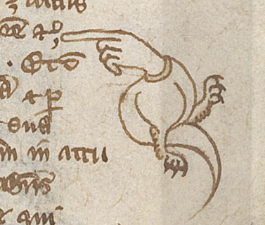 Manicula with the body of a dragon. Marginal Sketches, in A Volume Of Treatises On Natural Science, Philosophy, And Mathematics, c. 1300, London, British Library, Royal MS 12 E.xxv, fol. 23r