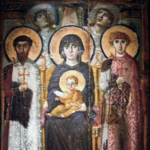 Virgin (Theotokos) and Child between Saints Theodore and George, sixth or early seventh century, encaustic on wood, 2' 3" x 1' 7 3/8" (St. Catherine's Monastery, Sinai, Egypt)