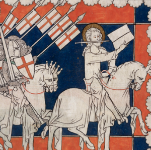 Christ leading crusaders into battle, detail from an Apocalypse, with commentary (The "Queen Mary Apocalypse"), early 14th century, f. 37 (British Library)