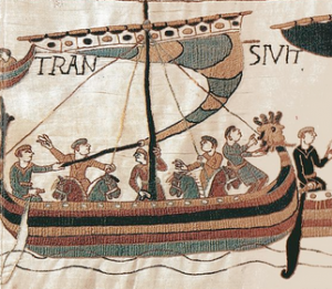Normans with horses on boats, crossing to England, in preparation for battle (detail), Bayeux Tapestry, c. 1070, embroidered wool on linen, 20 inches high (Bayeux Museum)