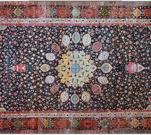 Medallion Carpet, The Ardabil Carpet, Unknown artist (Maqsud Kashani is named on the carpet's inscription), Persian: Safavid Dynasty, silk warps and wefts with wool pile (25 million knots, 340 per sq. inch), 1539-40 C.E., Tabriz, Kashan, Isfahan or Kirman, Iran (Victoria and Albert Museum)