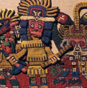 Detail of border figure 61, Nasca, Mantle ("The Paracas Textile"), 100-300 C.E., cotton, camelid fiber, 58-1/4 x 24-1/2 inches / 148 x 62.2 cm, found south coast, Paracas, Peru (Brooklyn Museum)