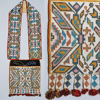 Bandolier Bag (detail at right), 1880s, Winnebago (?), wool and cotton trade cloth, wool yarn, glass, metal, 34 1/2 x 12 inches / 87.6 x 30.5 cm (The Metropolitan Museum of Art)