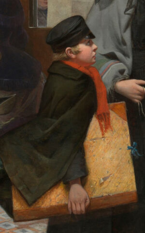 Young boy looking up with expectation (detail), Emily Mary Osborn, Nameless and Friendless, "The rich man's wealth is his strong city: the destruction of the poor is their poverty" (Proverbs: 10:15), 1857, oil on canvas, 82 x 104 cm (Tate Britain, London)