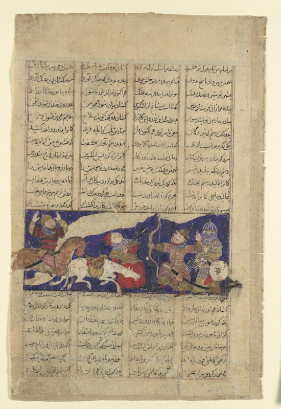 "The Combat of Rustam and Ashkabus," Folio from a Shahnama (Book of Kings), c. 1330-40, ink, opaque watercolor, gold, and silver on paper, 8 x 5 3/16 inches, Iran (The Metropolitan Museum of Art)