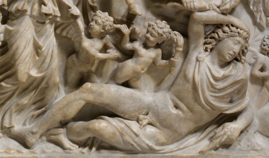 Endymion (detail), Marble sarcophagus with the myth of Selene and Endymion, early 3rd century C.E., Roman, marble, 28 1/2 inches / 72.39 cm high (The Metropolitan Museum of Art)