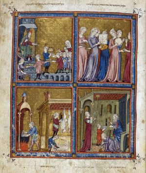 The preparation for the Passover festival, the Golden Haggadah, c. 1320, northern Spain, probably Barcelona (British Library, MS. 27210, fol. 15r)