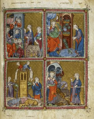 Four plagues (clockwise from top left): painful boils afflict the Egyptians, swarms of frogs overrun the land, pestilence kills the domestic animals and wild animals invade the city. From the Golden Haggadah, c. 1320, northern Spain, probably Barcelona (British Library, MS. 27210, fol. 12 verso)
