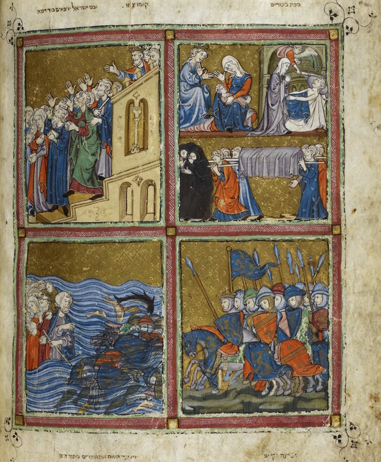 The plague of the first-born: in the upper-right corner, three scenes: an angel strikes a man, the queen mourns her baby, and the funeral of the first-born; upper left: Pharaoh orders the Israelites to leave Egypt, the Israelites, holding lumps of dough, walk with hands raised illustrating the verse: “And the children of Israel went out with a high hand"; bottom right: pursuing Egyptians are shown as contemporary knights led by a king; bottom left: the Israelites' safely cross the Red Sea, Moses takes a last look at the drowning Egyptians. From the Golden Haggadah, c. 1320, northern Spain Plagues (clockwise from top left), probably Barcelona (British Library, MS. 27210, fol. 14 verso)
