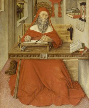 Antonio da Fabriano II, Saint Jerome in his Study, 1451, tempera, oil (?) and gold leaf on wood panel, 34 13/16 x 20 13/16" (The Walters Art Museum)